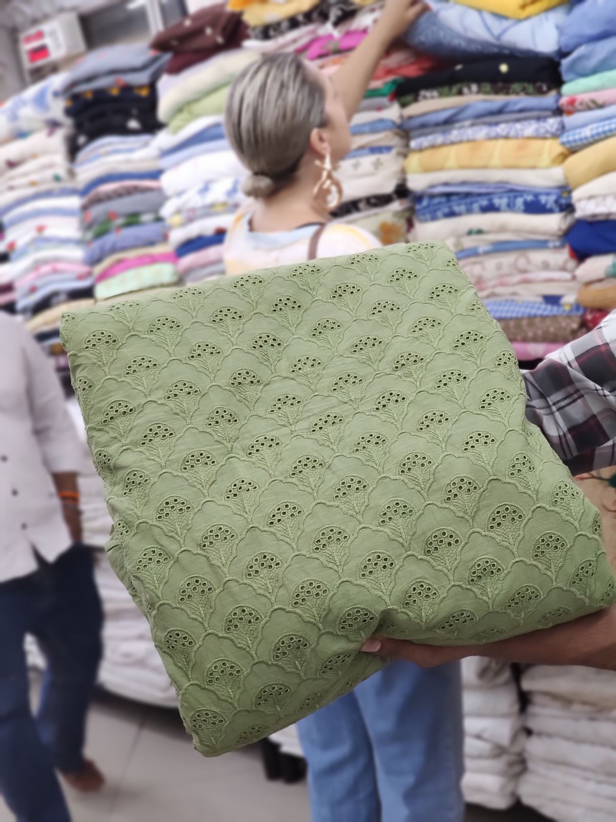 Sage Cotton Cambric All Over Embroidery Fabric | Charu Creation