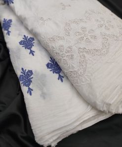 White Cotton Cambric with Blue Buti & Border Embroidery | Charu Creation