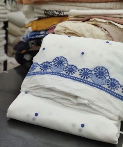 White Cotton Cambric with Blue Border Embroidery | Charu Creation