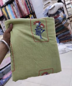 Sage Floral Embroidered Viscose Linen Fabric | Charu Creation