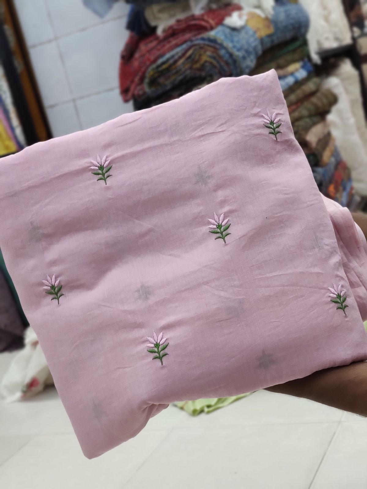 Lilac Cotton Voile Fabric with Floral Buti Embroidery | Charu Creation