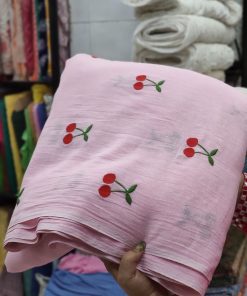 Pink Viscose Linen Fabric with Cherry Embroidery | Charu Creation