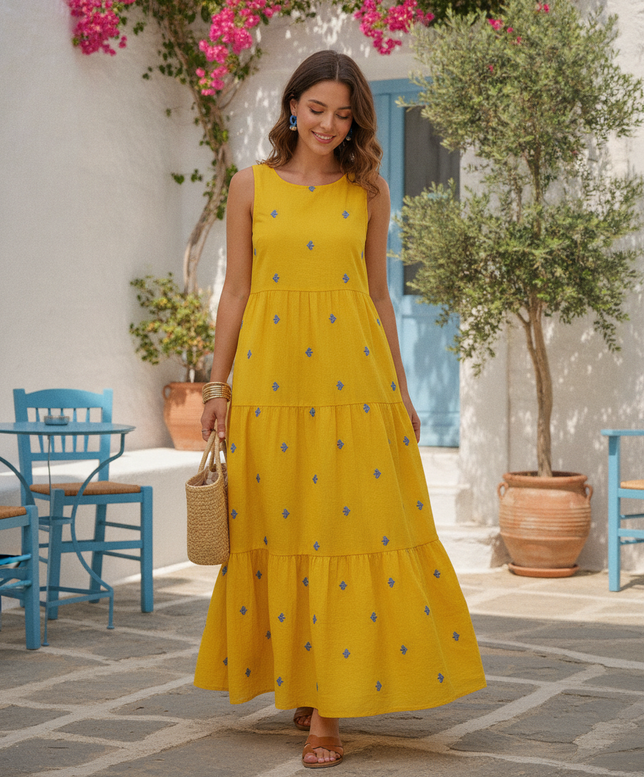 Yellow Viscose Linen with Blue Floral Embroidery | Charu Creation - Image 5