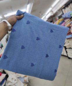 Blue Cotton Chambray Fabric with Heart Embroidery | Charu Creation
