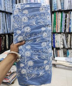 Blue Cotton Chambray with White Floral Embroidery | Charu Creation