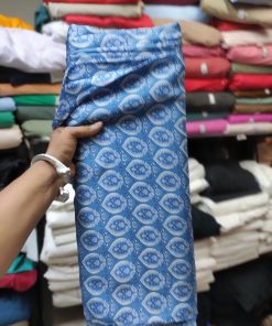 Blue Ethnic Print Viscose Modal Satin Fabric | Charu Creation