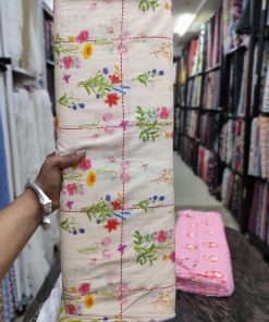 Off White Cotton Cambric Floral Check Print Fabric | Charu Creation