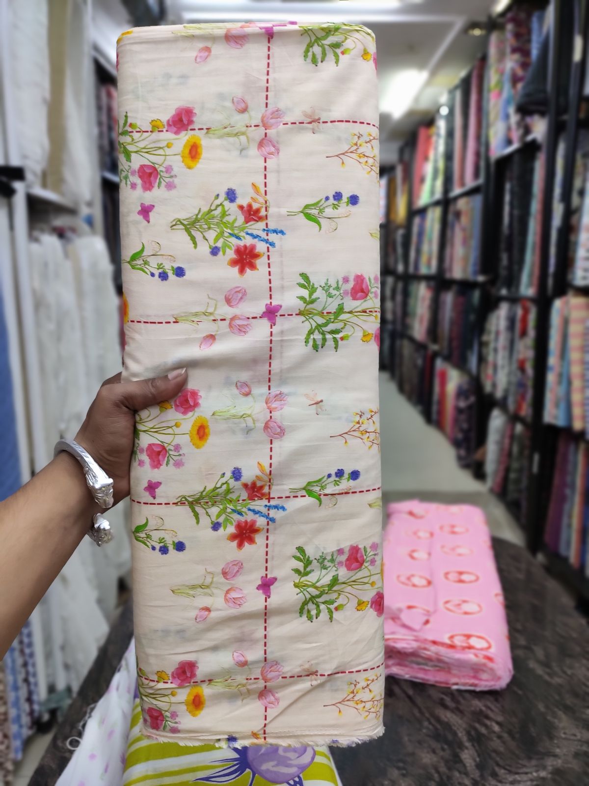 Off White Cotton Cambric Floral Check Print Fabric | Charu Creation