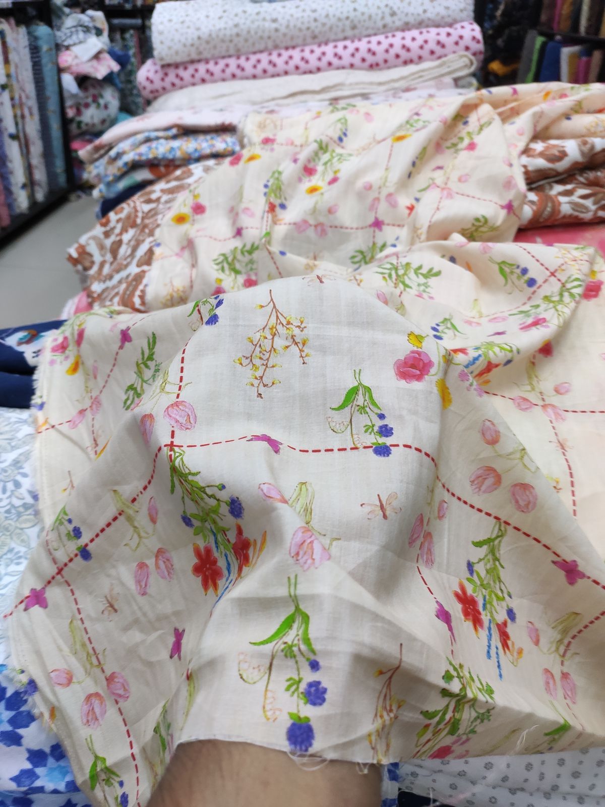 Off White Cotton Cambric Floral Check Print Fabric | Charu Creation - Image 2