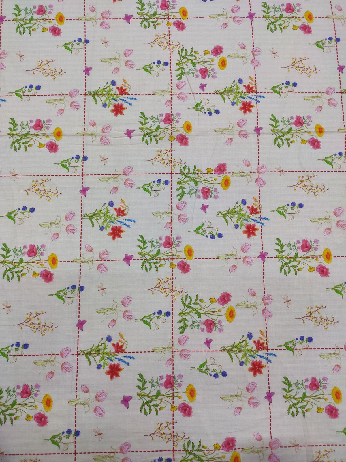 Off White Cotton Cambric Floral Check Print Fabric | Charu Creation - Image 3