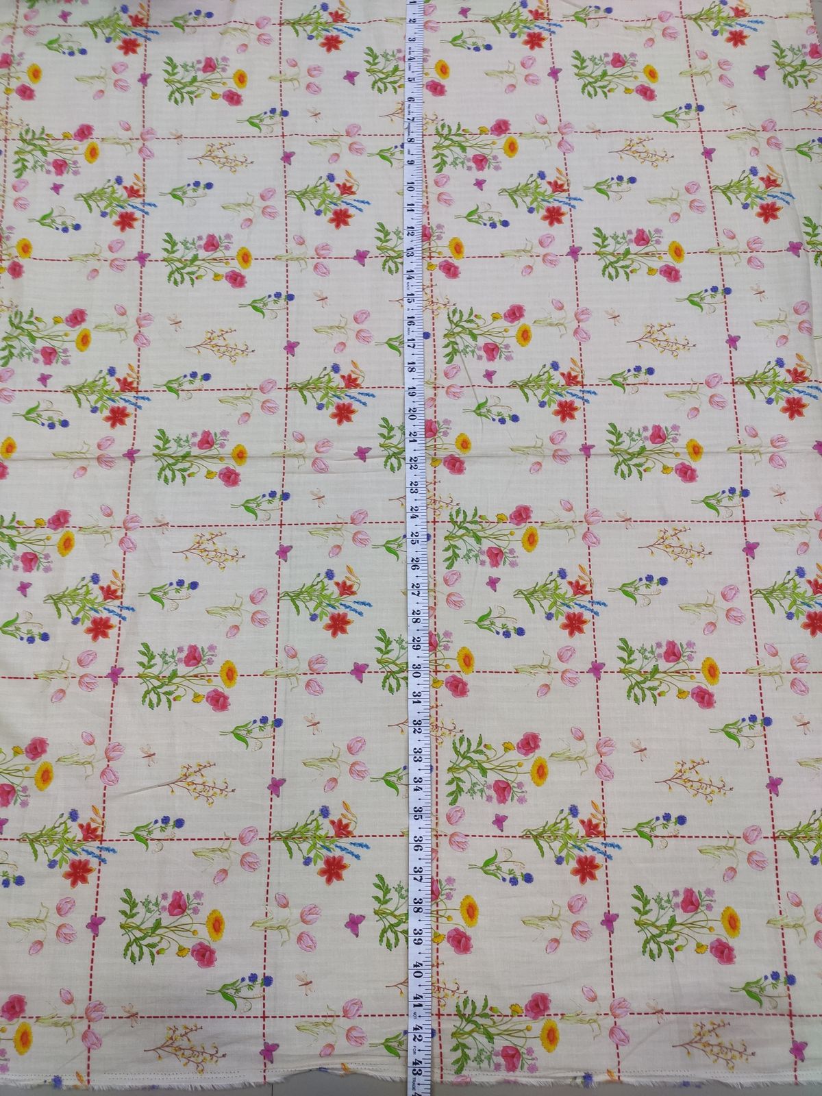 Off White Cotton Cambric Floral Check Print Fabric | Charu Creation - Image 4