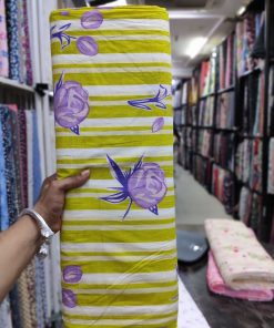 Yellow Floral & Stripe Print Cotton Cambric Fabric | Charu Creation