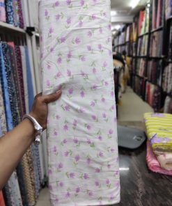 White Cotton Cambric Fabric with Lilac Floral Print | Charu Creation