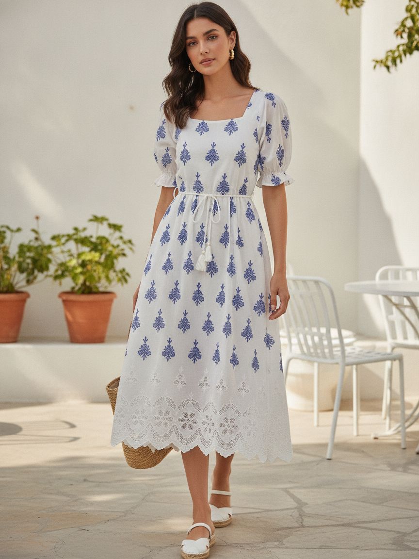 White Cotton Cambric with Blue Buti & Border Embroidery