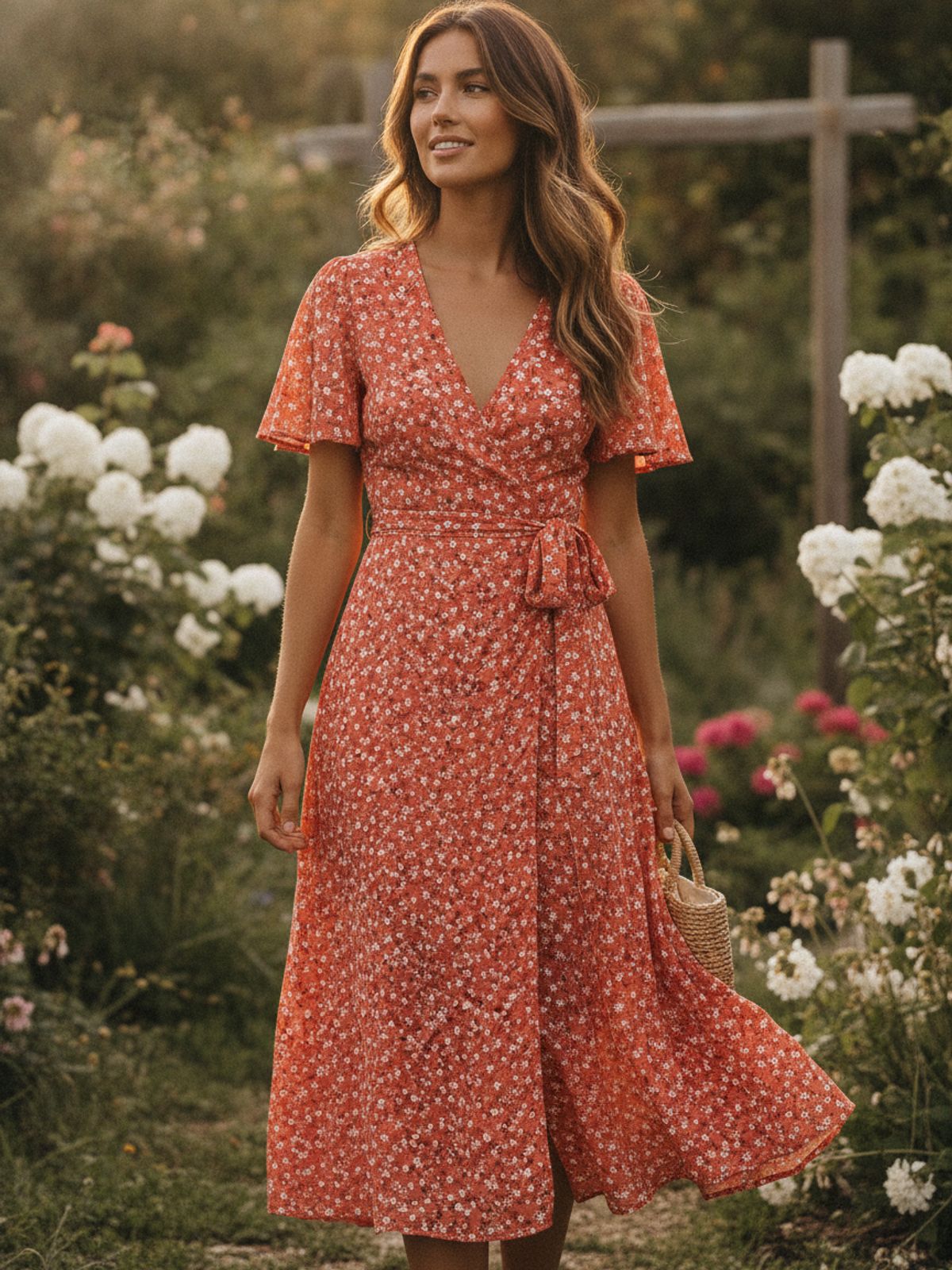 Coral Ditsy Floral Rayon Crepe Dobby Fabric