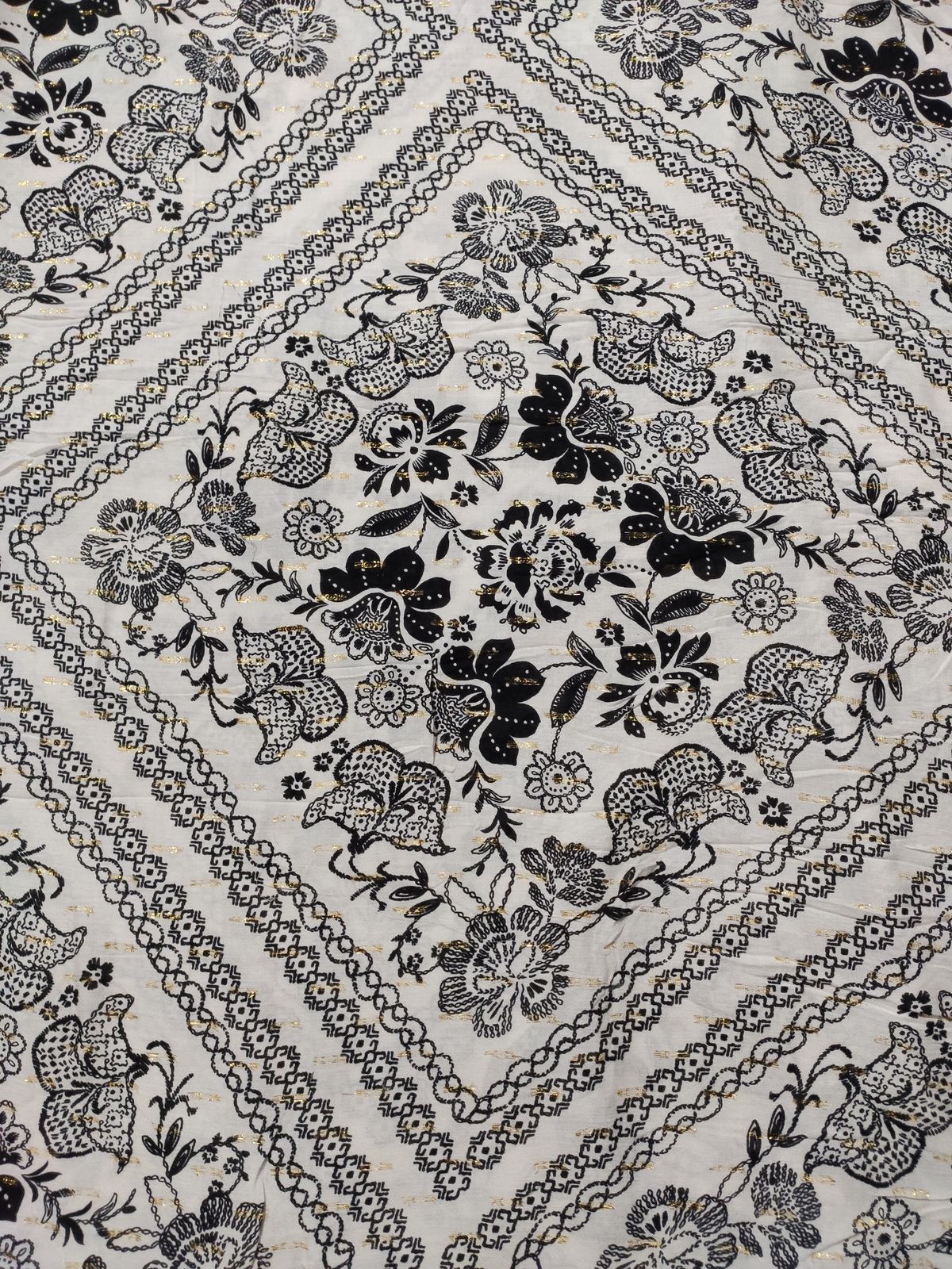Off White Rayon Crepe Lurex with Black Floral Print | Charu Creation - Image 2
