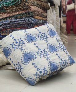 Off White Cotton Cambric with Blue All Over Embroidery | Charu Creation