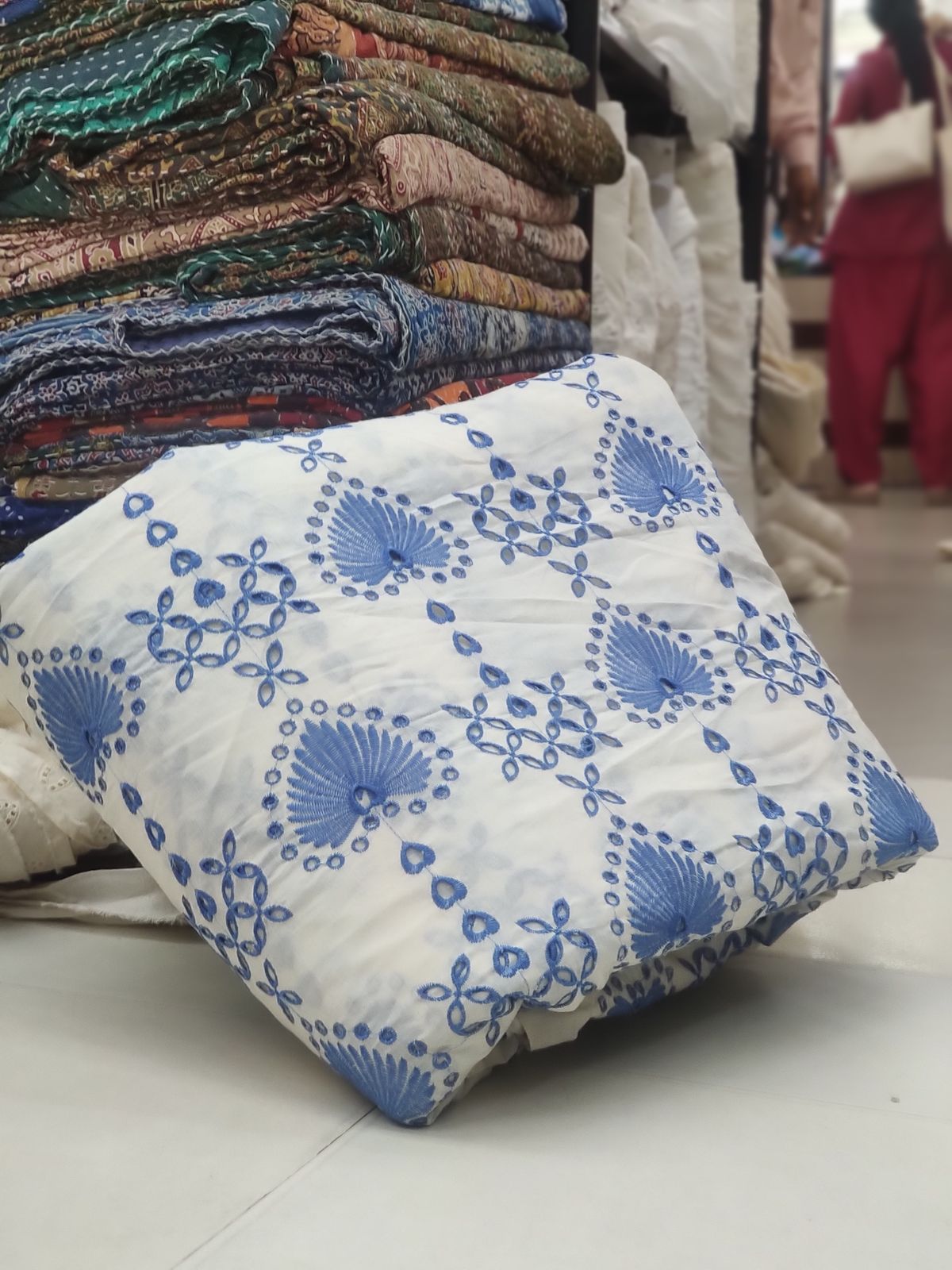 Off White Cotton Cambric with Blue All Over Embroidery | Charu Creation