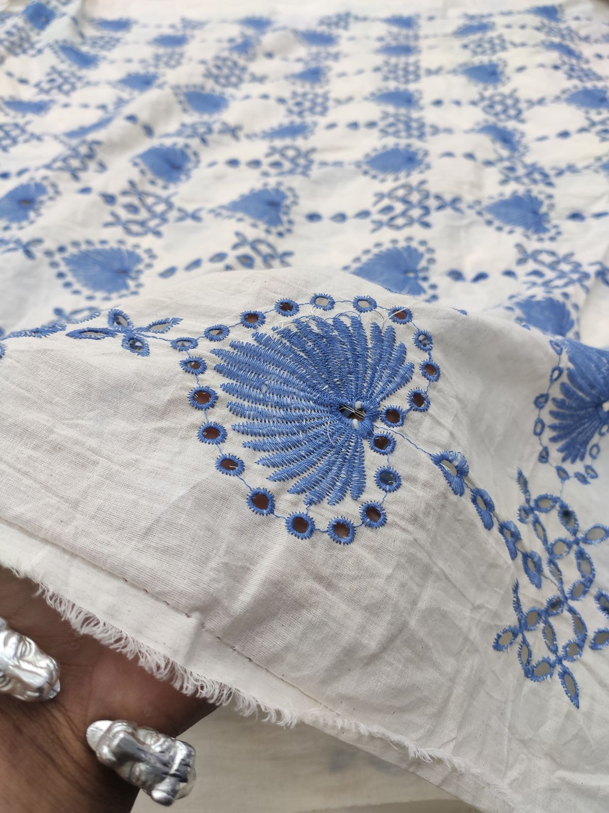 Off White Cotton Cambric with Blue All Over Embroidery | Charu Creation - Image 4