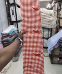 Orange Check Cotton Fabric with Chili Embroidery | Charu Creation