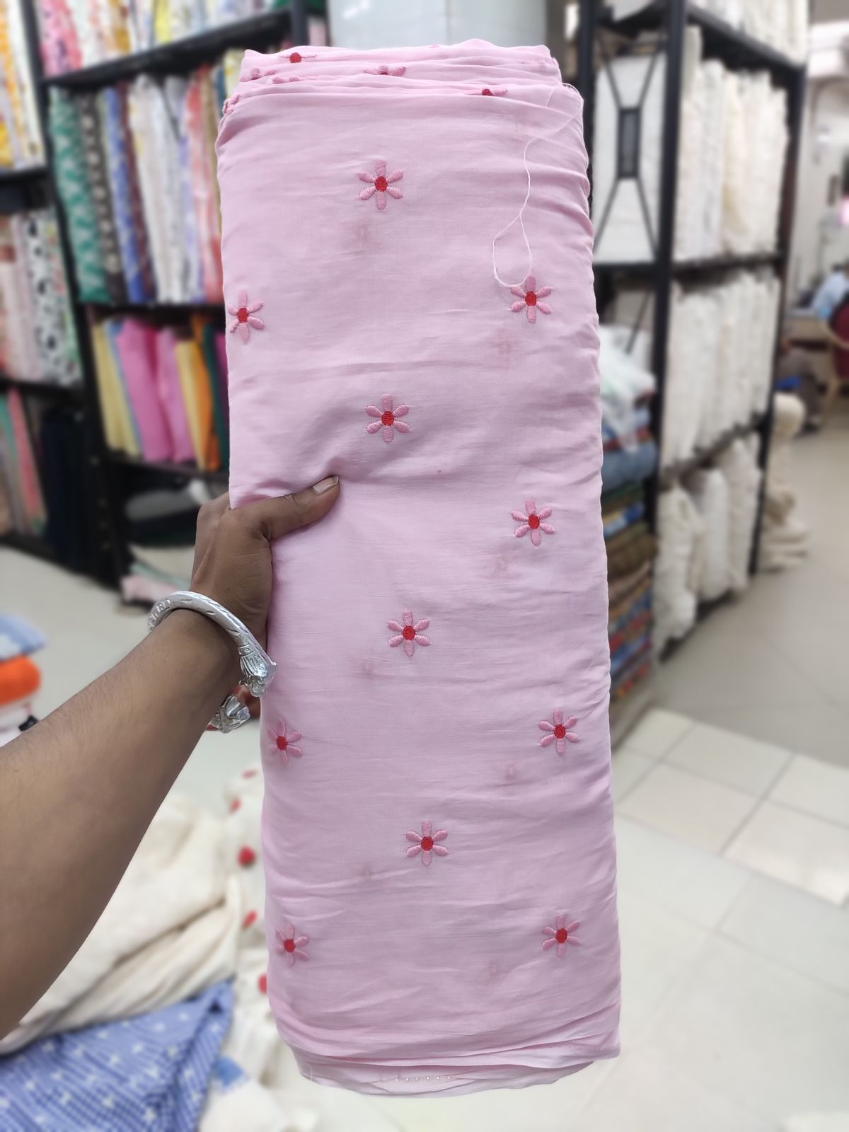Pink Cotton Voile Fabric with Floral Embroidery | Charu Creation