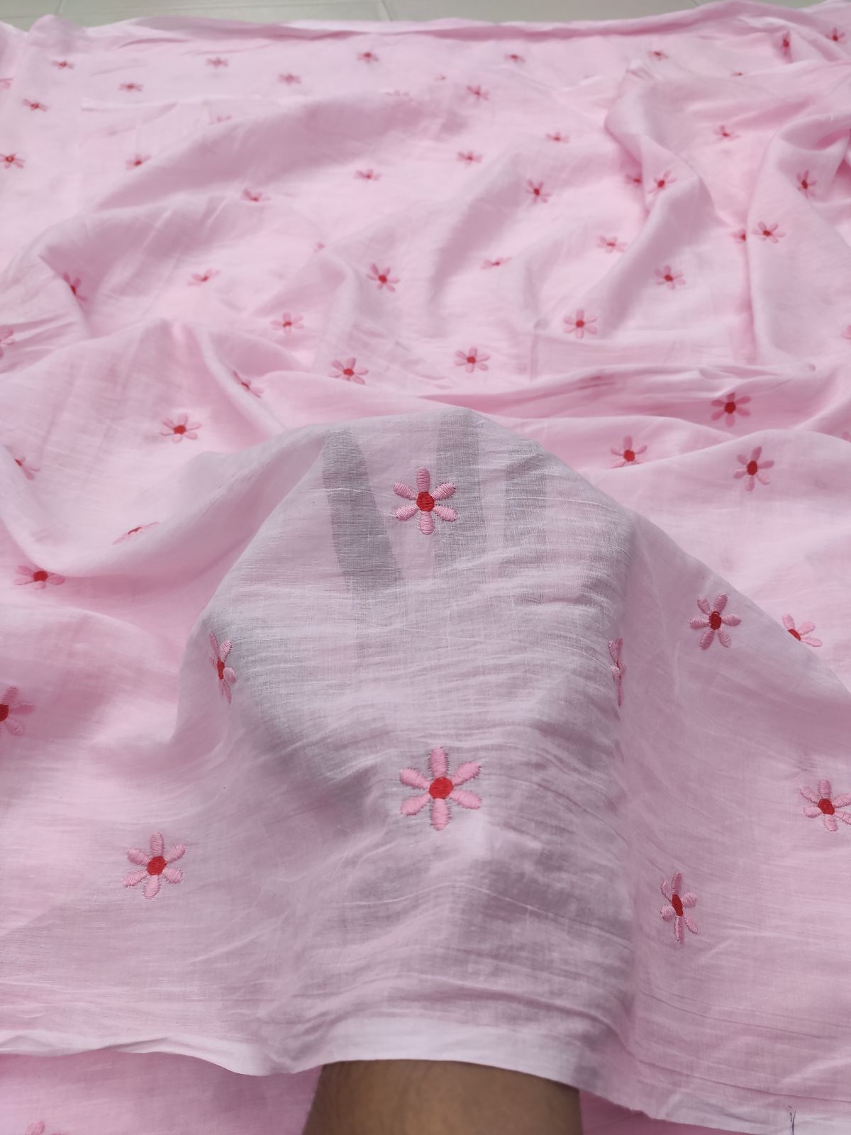 Pink Cotton Voile Fabric with Floral Embroidery | Charu Creation - Image 2