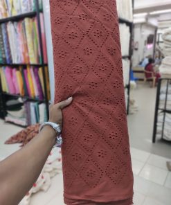 Rust Cotton Cambric Geometric Embroidery Fabric | Charu Creation