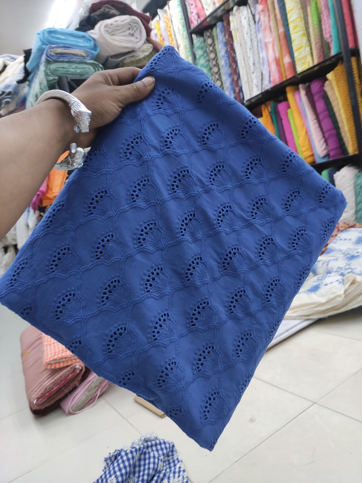 Blue Cotton Cambric Fabric with Tonal Embroidery | Charu Creation