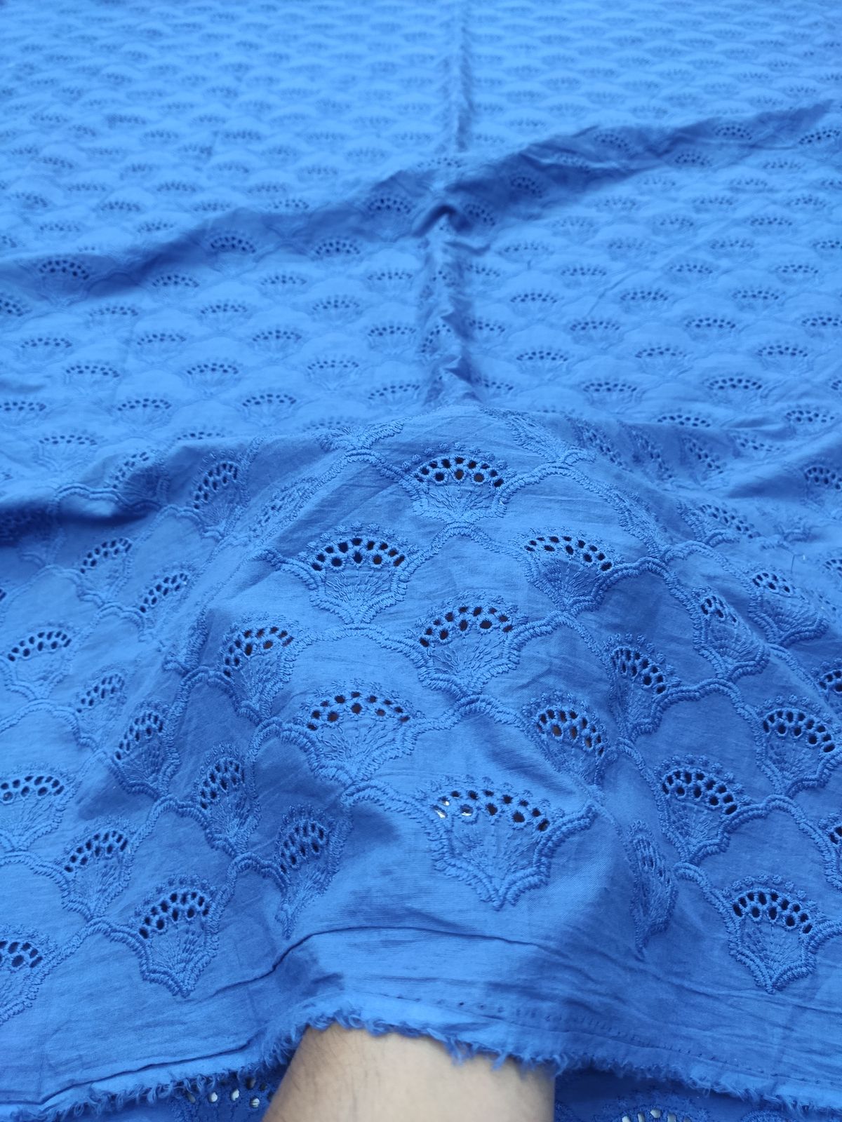 Blue Cotton Cambric Fabric with Tonal Embroidery | Charu Creation - Image 2