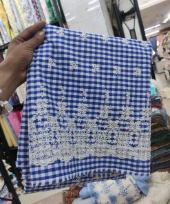 Blue Gingham Cotton Cambric with Scalloped Embroidery | Charu Creation
