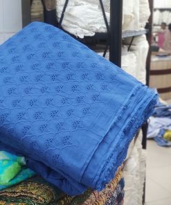 Blue Cotton Cambric Fabric with All Over Embroidery | Charu Creation