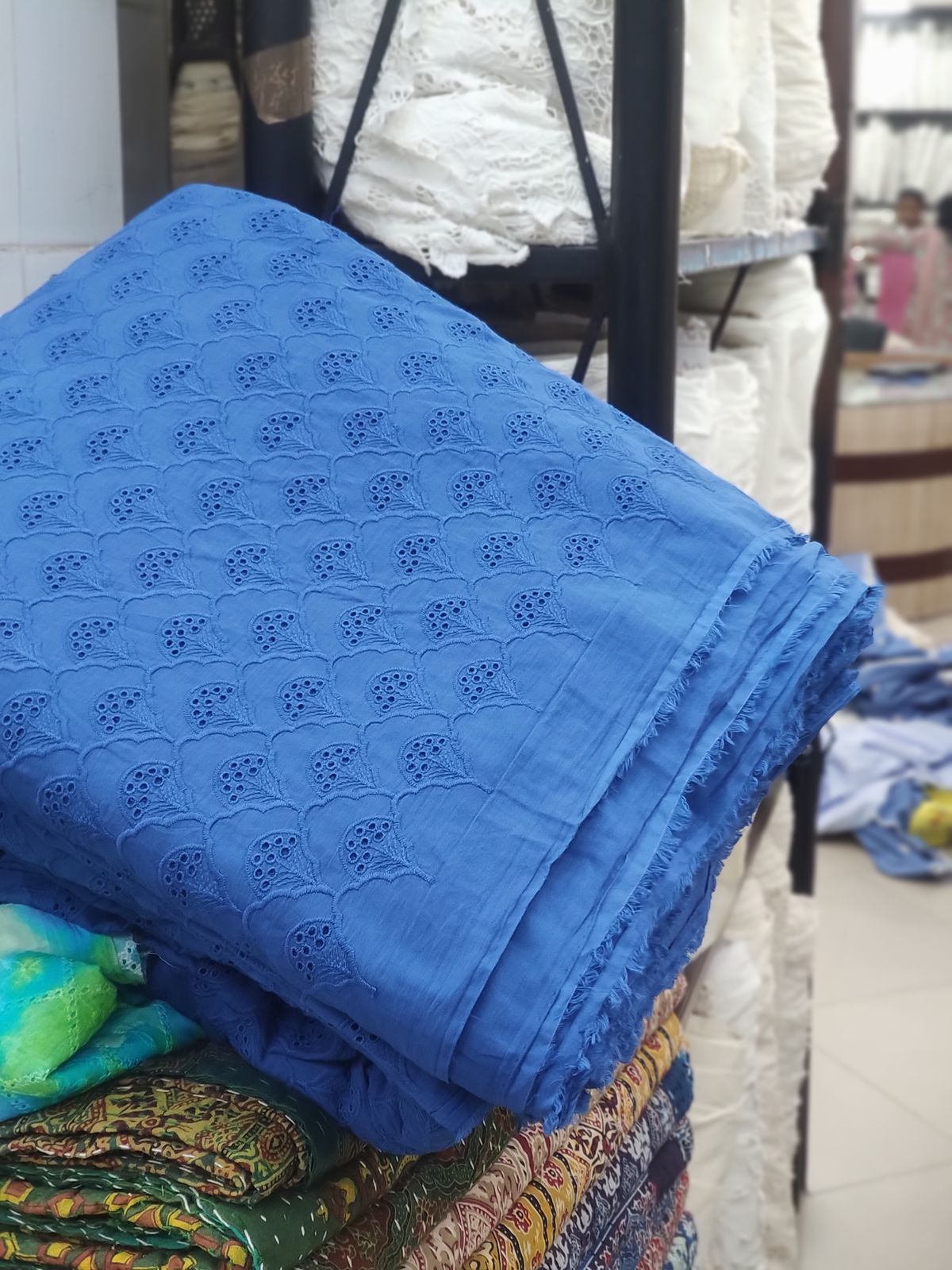 Blue Cotton Cambric Fabric with All Over Embroidery | Charu Creation