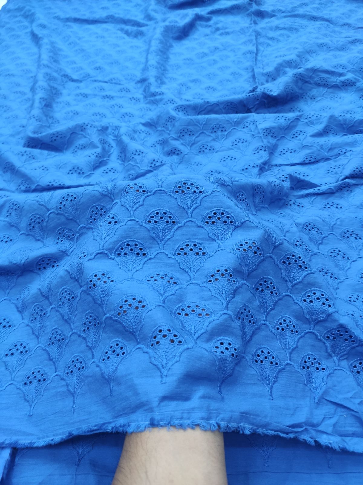 Blue Cotton Cambric Fabric with All Over Embroidery | Charu Creation - Image 2