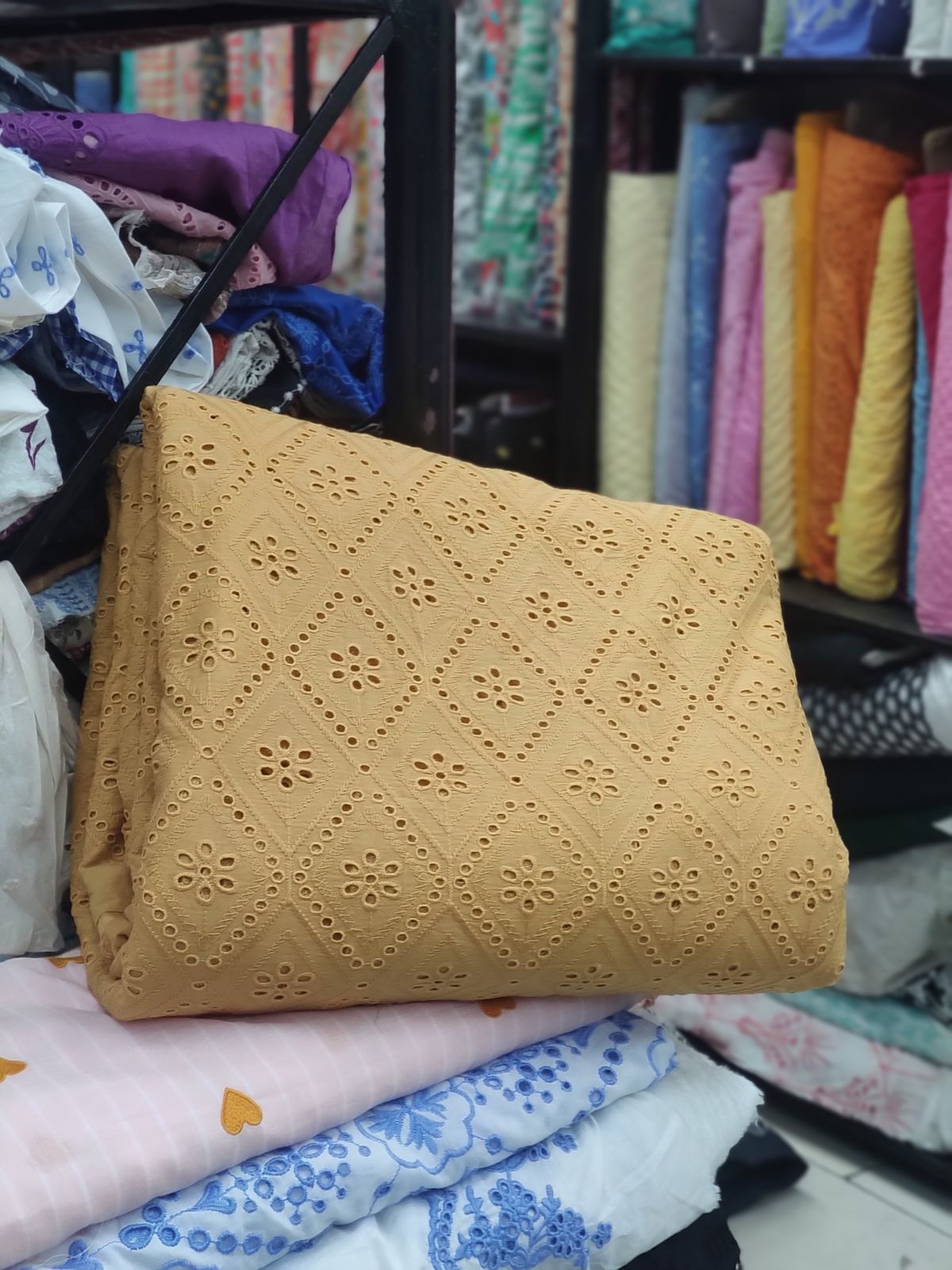 Beige Cotton Cambric Diamond Eyelet Embroidery Fabric | Charu Creation