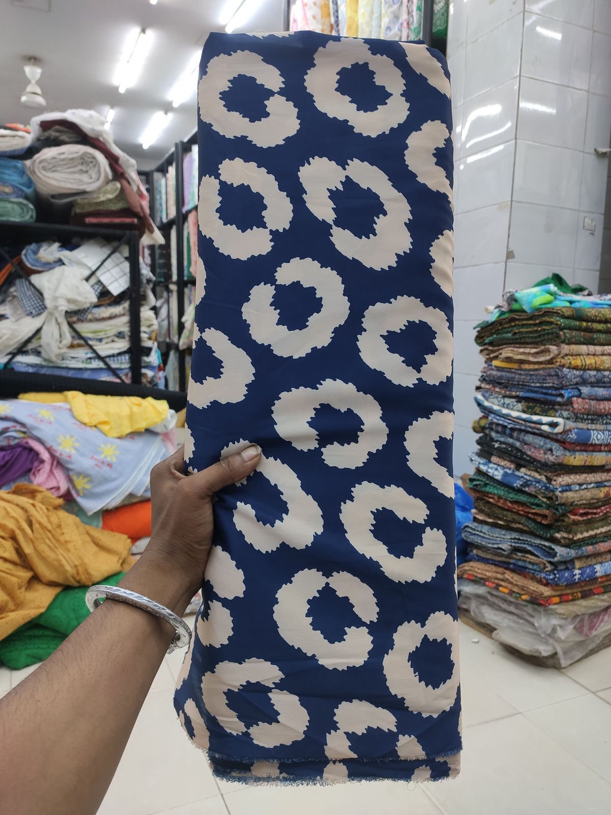 Blue & White Animal Print Poly Satin Fabric | Charu Creation