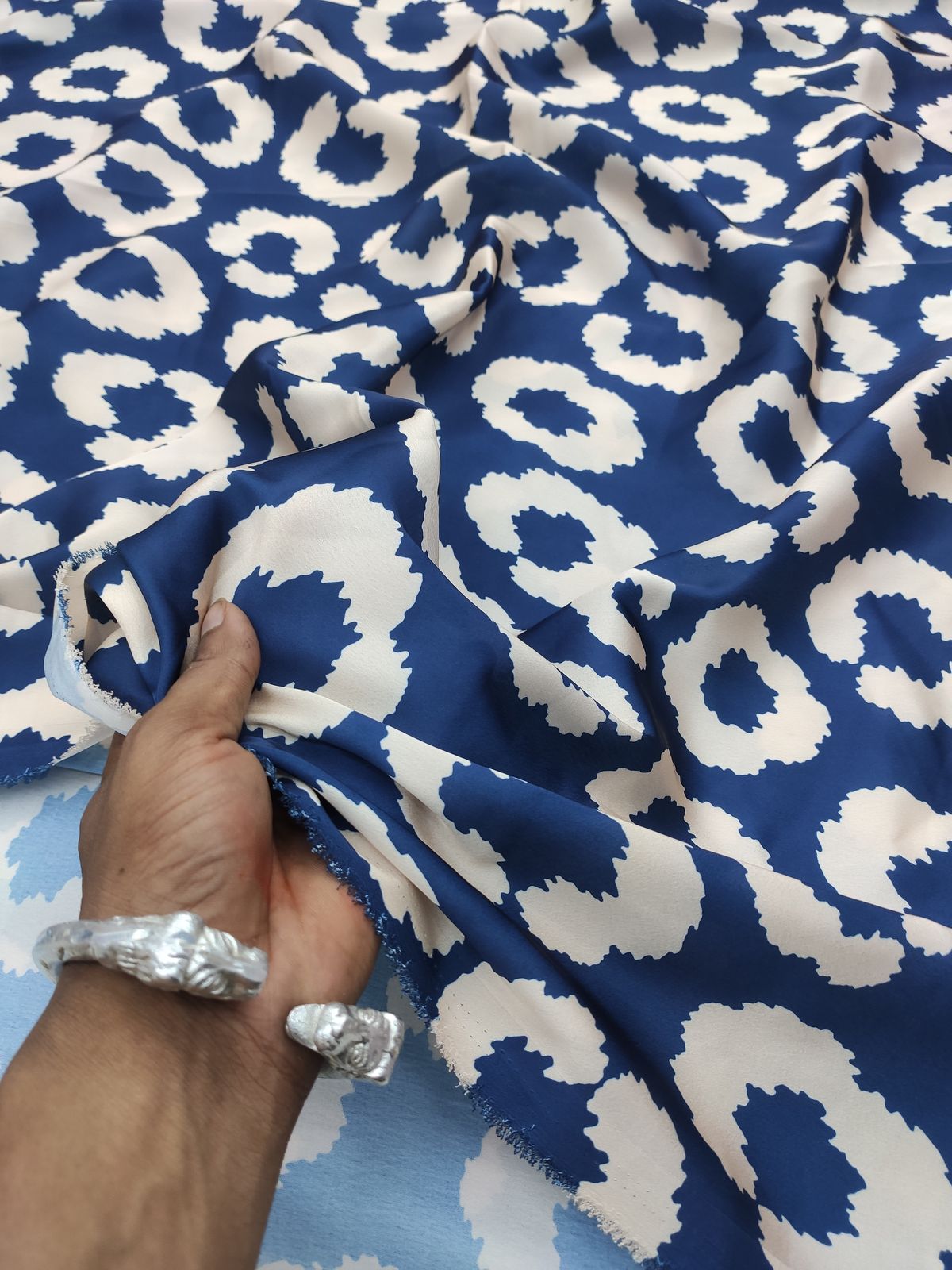 Blue & White Animal Print Poly Satin Fabric | Charu Creation - Image 3