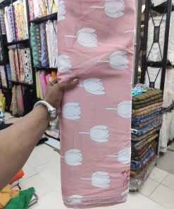 Rose Pink Poly Satin Fabric with White Tulip Print | Charu Creation