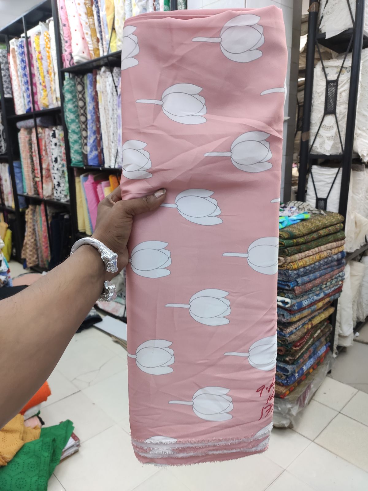 Rose Pink Poly Satin Fabric with White Tulip Print | Charu Creation