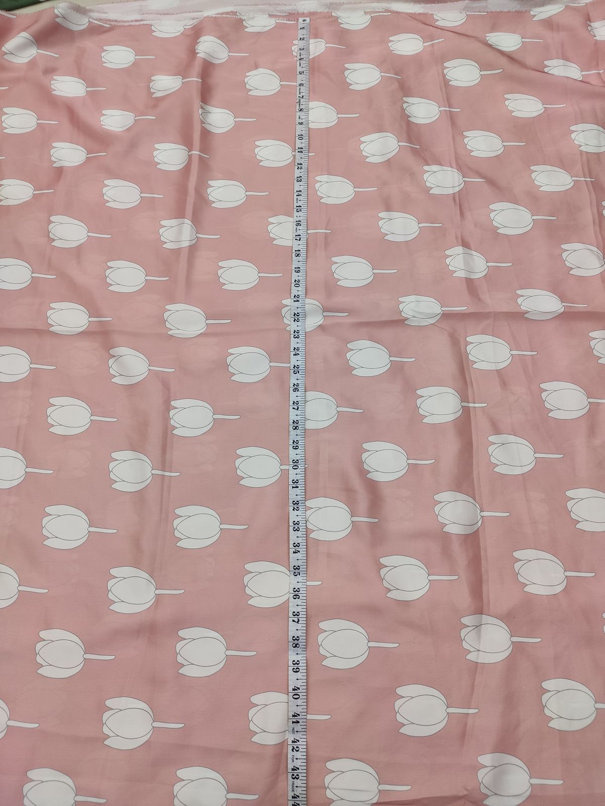 Rose Pink Poly Satin Fabric with White Tulip Print | Charu Creation - Image 2
