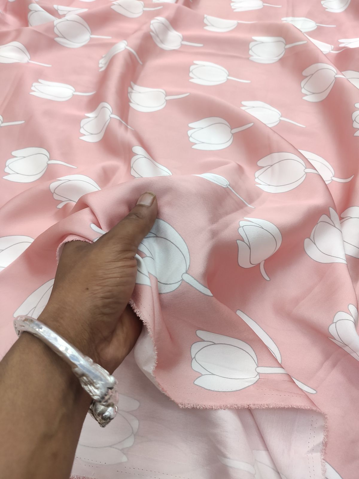 Rose Pink Poly Satin Fabric with White Tulip Print | Charu Creation - Image 3