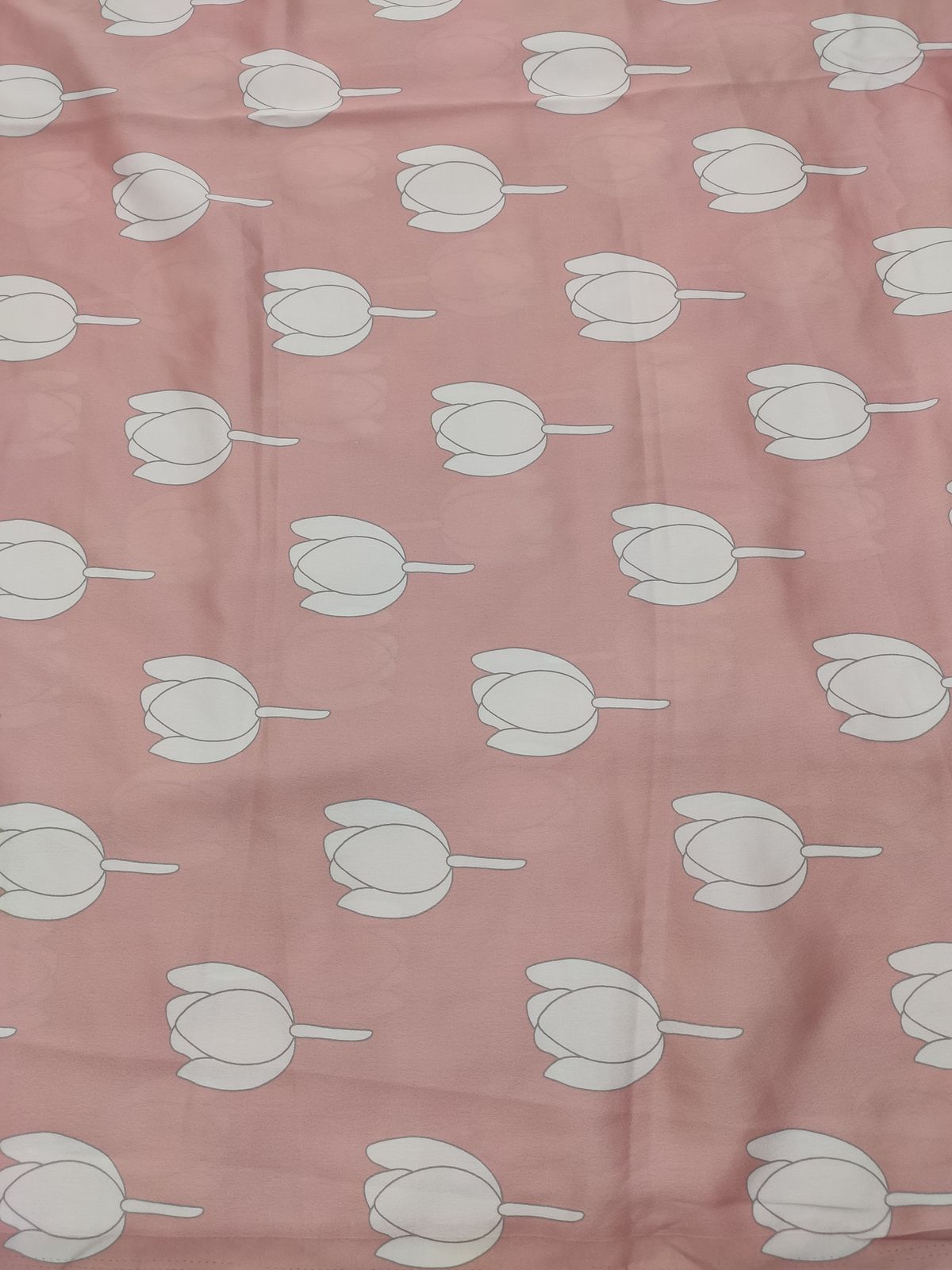 Rose Pink Poly Satin Fabric with White Tulip Print | Charu Creation - Image 4