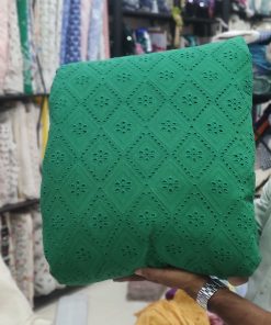 Green Cotton Cambric Fabric with All Over Embroidery | Charu Creation