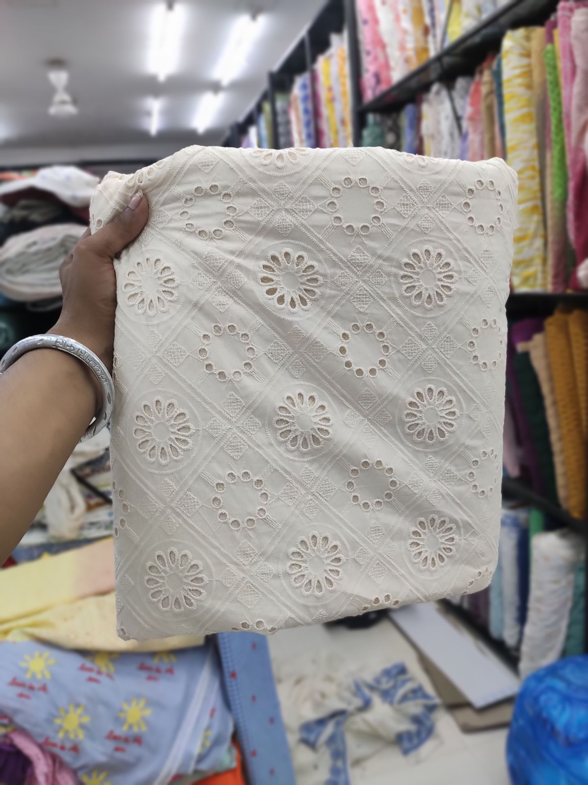 Greige Cotton Cambric Schiffli Embroidery Fabric | Charu Creation