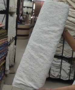 Greige Cotton Cambric with Geometric Eyelet Embroidery | Charu Creation