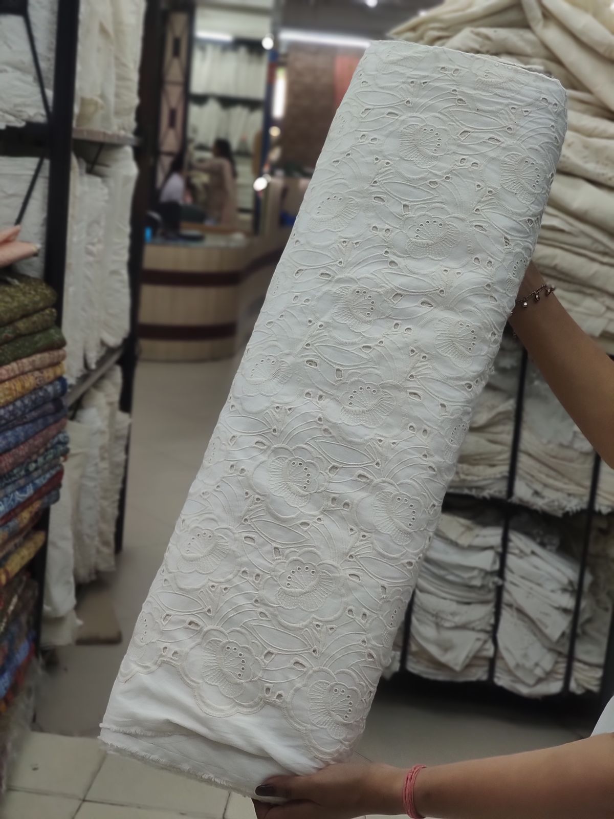 Greige Cotton Cambric with Geometric Eyelet Embroidery | Charu Creation