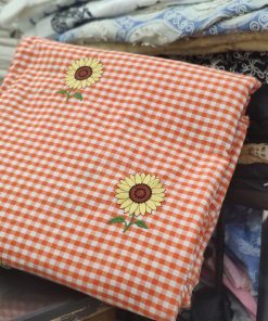 Rust Cotton Check Fabric with Sunflower Embroidery | Charu Creation