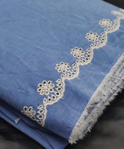Blue Cotton Chambray with White Embroidered Border | Charu Creation