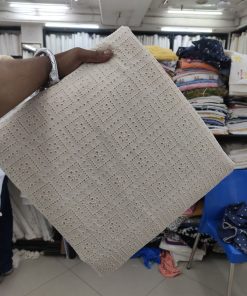 Greige Cotton Cambric Geometric Eyelet Fabric | Charu Creation