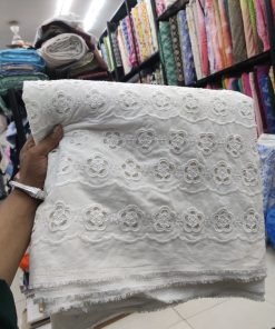 White Cotton Linen Fabric with Floral Eyelet Border | Charu Creation