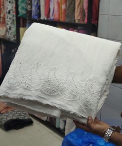 Greige Cotton Linen with Scalloped Schiffli Border | Charu Creation